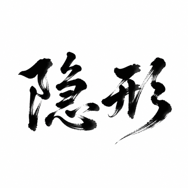 干净的纯白色背景。平面艺术字体设计，两个字"隐形"，毛笔书法手写风格，草书笔势，行云流水一气呵成，飞白枯笔技法，墨色浓黑，边缘带有自然水墨晕染，所有文字单行横向排列。仅包含这两个字："隐形"，不得增加预览效果
