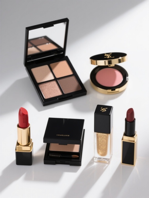 在纯白色背景上，以高清晰产品摄影风格展示六个不同的高端美妆产品，保持统一的精致感和专业光影效果：左侧第一列为打开的红色口红，金色金属外壳搭配黑色底座；右侧第一列为圆形腮红膏，带有金色装饰的黑色盖子，内部呈现自然的粉色腮红；左侧第二列为四色眼影盘，黑色外壳，打开后展示四个渐变大地色系眼影；右侧第二列为透明玻璃瓶身的金色液体高光，瓶盖为黑色带有金色品牌标识；左侧第三列为黑色方形眉粉盒，附带小眉刷；……预览效果