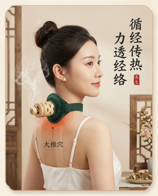 重新生成一张电商宣传图，内容是年轻东亚丸子头女性，穿白色吊带，侧脸优雅姿态，符合养生产品温和气质，将图片中的绿色绑带竹制艾灸罐放到人物脖子大椎穴位位置，保留烟雾热力效果和穴位标注，突出产品功能，整体风预览效果