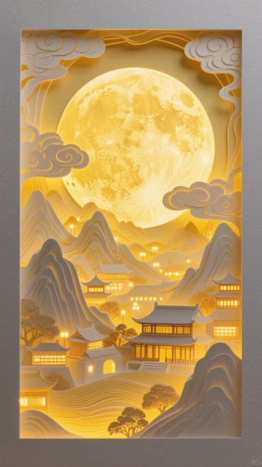 圆月下的万家灯火丨纸雕艺术。一轮巨大的圆月为占据画面中心的特写，底部以工笔风格呈现出全景的山峦叠嶂间呈现古今建筑里万家灯火渐变温暖的光影，祥云装饰，突显中秋节日氛围，黄色调基底。层次分明，立体效果突出预览效果