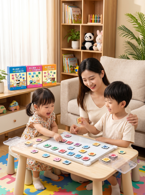 重新生成明亮温馨的家庭客厅场景，画面里有两个亚洲小孩和一位成年家长，孩子们开心互动玩耍图中的汉字磁力贴产品，家长在旁陪伴，突出产品磁吸识字、边玩边学的早教特点，整体光线明亮氛围欢快预览效果