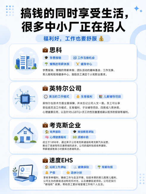 完全参考示例图片风格设计，主标题：搞钱的同时享受生活，很多中小厂正在招人。页面分四个卡片区域，每个卡片介绍一个公司：1.思科：标签为学费报销、工作互换机会、慷慨的带薪休假、健身中心。正文描述：学费报销预览效果