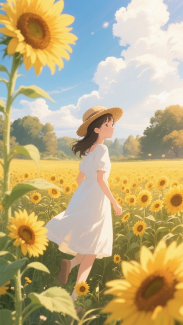 日系插画风格，秋日午后阳光洒满金色向日葵花田，蓝天白云下穿着白色连衣裙的女孩戴着草帽漫步其中，温暖的黄色调与绿色茎叶相映，阳光透过云层形成柔和的光影效果，花瓣边缘泛着梦幻的光晕，远处树木层叠，整体画面清新治愈，充满浪漫唯美的秋日氛围。预览效果