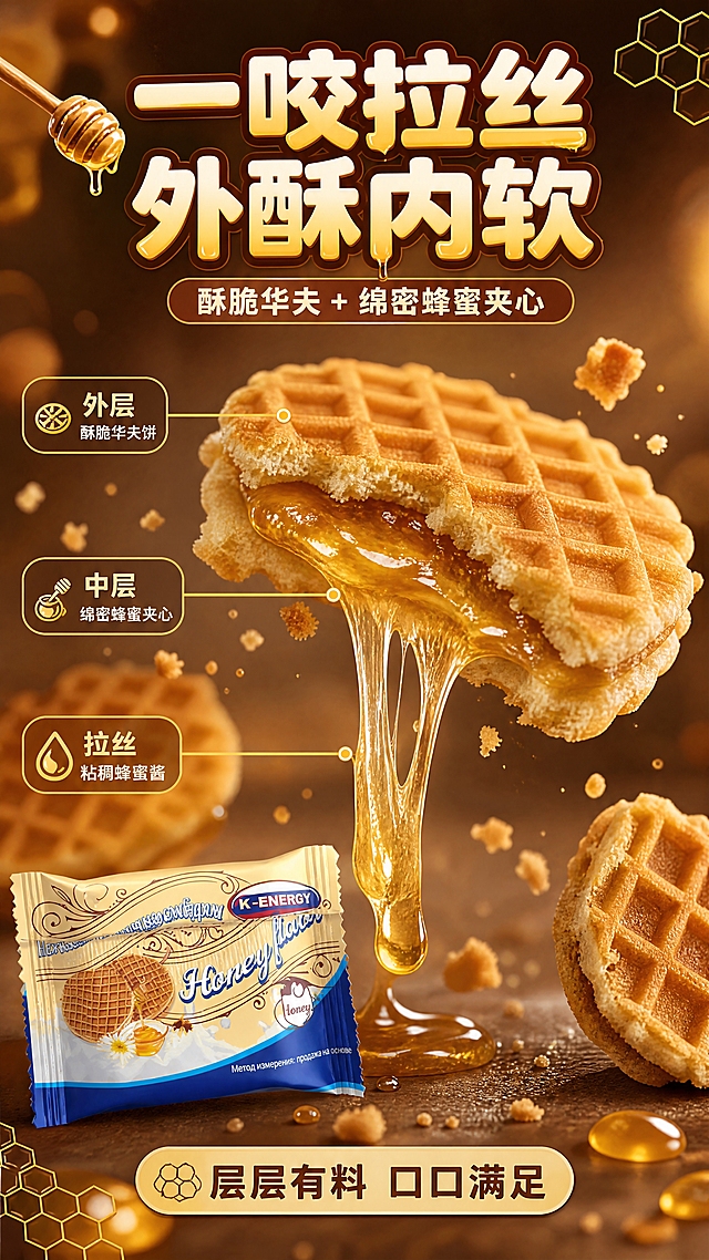 [商品] 使用【图6】【图8】独立小包装饼干；保留小包装米黄+蓝色配色、K-ENERGY Logo、Honey flavor英文字样、华夫饼干图案、蜂蜜装饰元素；包装结构与比例不变，清晰化图案。
[画面] 口感质地特写页，爆脆动态型构图，画面中心为掰开的饼干，蜂蜜夹心呈拉丝状垂下，拉丝长度约5cm，拉丝质感粘稠透亮；周围散落饼干碎屑、蜂蜜滴、半块饼干；微距特写，饼干占画面50%，拉丝占30%；背景为暖棕色虚化光斑；阅读动线从顶部标题到中部拉丝主体。
[视觉] 套系策略：风格=暖调食欲感商业摄影风；标题字=圆润粗黑体（带轻微蜂蜜渐变）；正文字=简洁无衬线体；主色=蜂蜜焦糖棕（#8B4513）+ 奶油米黄（#F5DEB3）；背景延展=基于蜂蜜棕做深浅渐变、同色系层次、细腻光斑；强调色=金黄色（#FFD700），仅用于小面积图标、引线、标签和高光；标题色=深焦糖棕；正文色=暖棕灰；组件=圆角蜂蜜色信息卡、细线引线、蜂巢纹理装饰；光影=侧逆光勾勒拉丝轮廓，正面补光展现饼干酥脆纹理。
[文字] 顶部主标题「一咬拉丝 外酥内软」，副标题「酥脆华夫 + 绵密蜂蜜夹心」；画面左右两侧用引线标注口感层次：「外层 酥脆华夫饼」「中层 绵密蜂蜜夹心」「拉丝 粘稠蜂蜜酱」；底部短句「层层有料 口口满足」；所有文字横排，不遮挡拉丝主体。
[规格] 图片比例9:16竖版，4K分辨率，负向提示：避免变形、错字、文字过小、冷蓝背景、拉丝不自然、饼干颜色改变、包装错乱。
