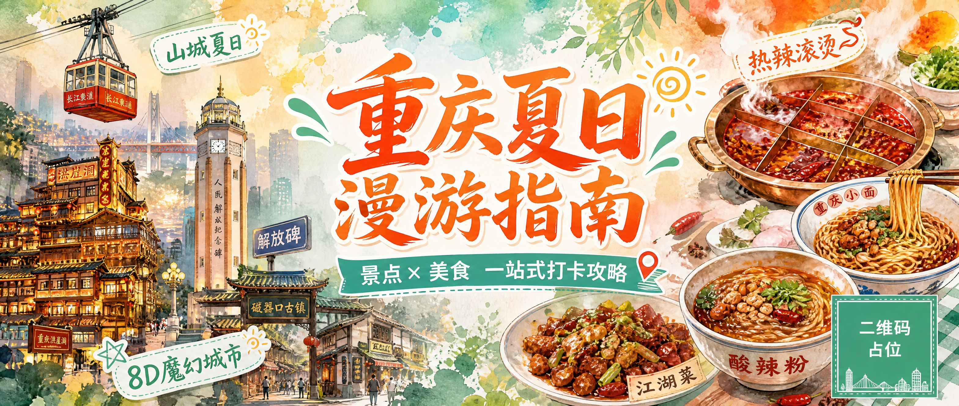 微信公众号封面海报，重庆夏日旅游攻略主题，手绘水彩插画风格，暖… - 图片创意预览