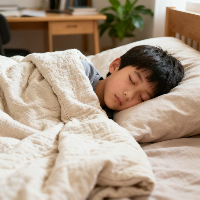 温馨的居家卧室场景，青少年大小孩安静地在床上熟睡，盖着柔软舒适的棉被子，面部神态放松平和，暖柔的室内光线烘托出宁静治愈的氛围，整体画面温暖有生活感预览效果