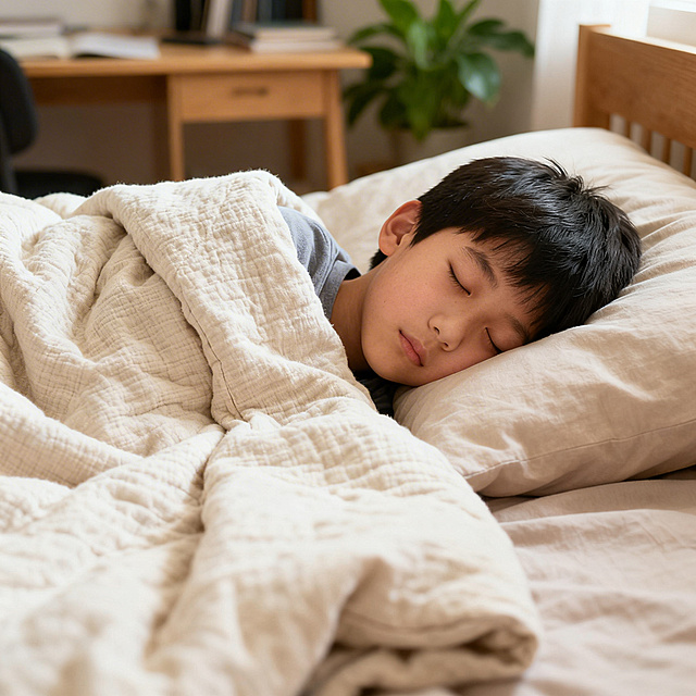 温馨的居家卧室场景，青少年大小孩安静地在床上熟睡，盖着柔软舒适的棉被子，面部神态放松平和，暖柔的室内光线烘托出宁静治愈的氛围，整体画面温暖有生活感