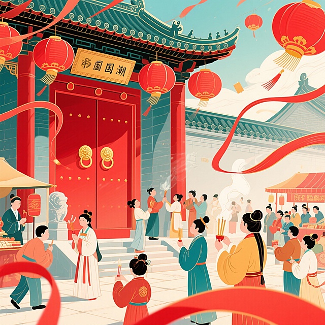 一张中国风背景图，远处是自作古庙的大门，近处是求佛热闹的人群庙会，整体红色风格，适合做为背景板