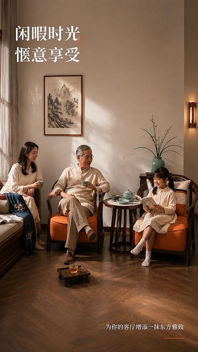 [第18屏] 用户场景，展示一家三口客厅休闲使用场景。本屏使用【图1】三件套作为主体，添加温馨人物互动。
[氛围/风格] 温馨生活化场景，真实家庭互动，传递美好生活方式，引发共鸣。
[元素布局] 周末客厅场景，老人坐在休闲椅上喝茶，孩子坐旁边边几看书，女主人倚靠在沙发上，整体氛围温馨幸福，三件套作为核心区域放置在视觉中心，保持产品结构和颜色与原图一致。
[光影质感] 午后暖光，整体温馨明亮，人物和产品光影自然，氛围柔和。
[配色色系] 整体暖调背景，产品保持原深棕+橙色配色，人物衣物浅色调，整体和谐温馨。
[视角构图] 全景平视，场景层次丰富，产品在中心位置突出。
[文字版式] 左上角主标题「闲暇时光 惬意享受」，右下角小字标注「为你的客厅增添一抹东方雅致」，文字不遮挡人物和产品主体，排版简洁有氛围感。
[比例分辨率] 9:16竖版比例，1K分辨率，文字清晰可辨，高清画质。
[负向提示词] 人物畸形，产品变形，颜色偏差，场景杂乱，文字错乱。