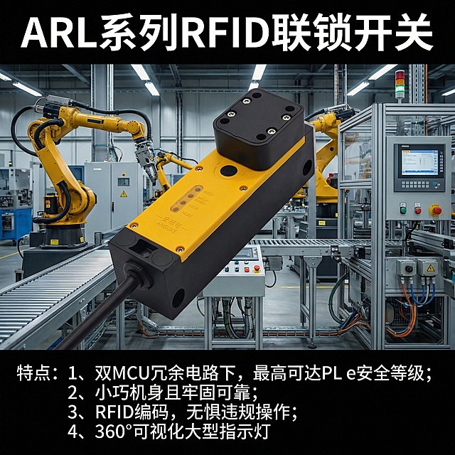 生成一张高清图，背景是工控自动化场景，标题是ARL系列RFID联锁开关，特点：1、双MCU冗余电路下，最高可达PL e安全等级；2、小巧机身且牢固可靠；3、RFID编码，无惧违规操作；4、360°可视化大型指示灯；