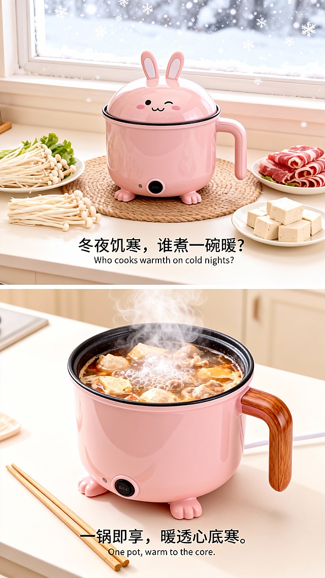 软3D拟人风小兔锅，可爱卡通造型搭配清新温馨厨房场景，轻拟物设计融合实景感，传递冬日温暖与舒适。