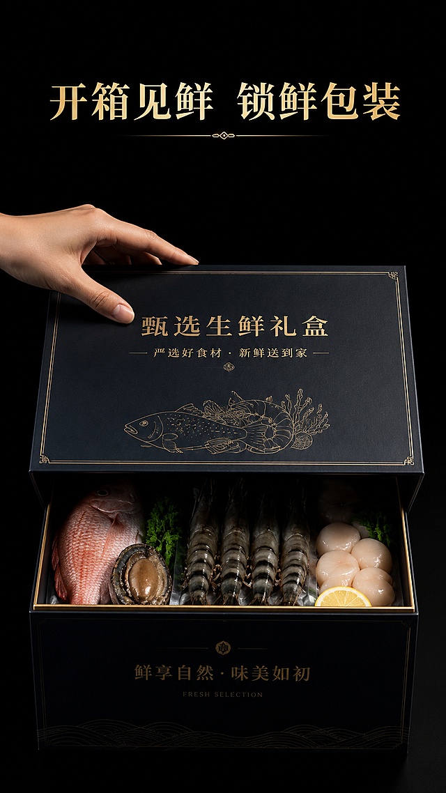 [第5屏] 操作展示屏，手部打开生鲜礼盒展示动作。
[氛围/风格] 真实操作场景，黑色系简约背景，突出产品开箱体验，自然真实质感。
[元素布局] 画面中心展示一只手正在打开生鲜礼盒盒盖，礼盒内部食材隐约可见，手部和礼盒占画面70%，背景为纯黑色突出主体，手指动作自然舒展，礼盒结构清晰。
[光影质感] 中心柔光，手部和礼盒边缘清晰阴影，内部食材隐约可见层次，整体明暗对比突出主体。
[配色色系] 全局底色黑色 #000000，主色礼盒深色调，辅助色肤色自然，金色文字。
[视角构图] 平视正面视角，主体居中，突出开箱动作。
[文字版式] 顶部主标题「开箱见鲜 锁鲜包装」，金色居中，文字不遮挡手部和礼盒打开位置。
[比例分辨率] 9:16竖版比例，4K分辨率，文字清晰可辨，高清画质。
[负向提示词] 手部畸形，礼盒结构错误，文字遮挡，颜色偏差，水印。