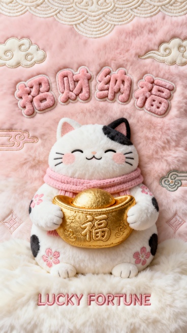 浅粉与奶白渐变毛绒背景，白色软萌奶牛猫，头小身体肥胖，身上有粉色花纹，围着围巾，抱着个大金元宝，金元宝上有浮雕“福”字，表情幸福治愈。主标题大字“招财纳福”采用绒布圆角可爱字体，3D柔焦。底部绣花英文预览效果