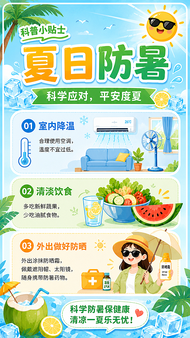 有趣生动的扁平插画风格高温防暑科普海报，主标题"夏日防暑"，副标题"科学应对，平安度夏"，包含三个防暑提示：1.室内降温，合理使用空调温度不宜过低；2.清淡饮食，多吃蔬果少吃油腻；3.外出做好防晒，随身携带防暑药物。删除第四点内容，调整排版让整体更协调。整体配色清爽，使用浅蓝色和黄绿色为主色调，画面加入冰块、椰树、柠檬、风扇等夏季元素，排版精美，主次分明，所有文字清晰可读，四边保留安全边距，氛围活泼生动。