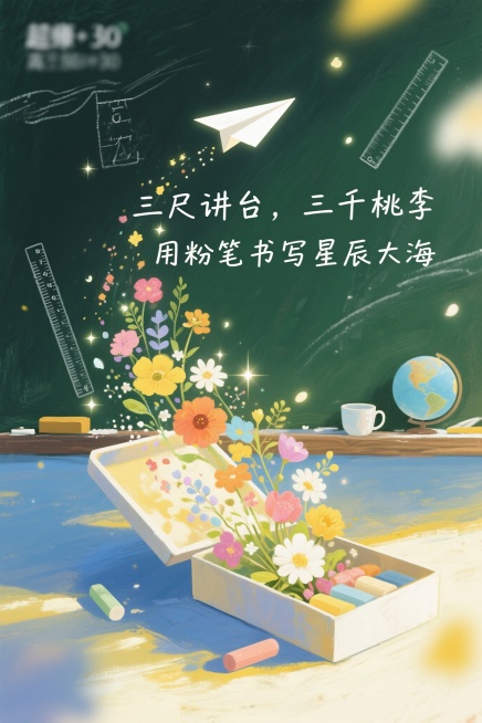 超现实主义风格海报，干净的黑色或绿色黑板背景，上面有淡淡的板书痕迹，点缀着尺规、地球仪、茶杯等老师日常用品。一个打开的粉笔盒，里面飞出五彩缤纷的鲜花和飞向远方的纸飞机，“三尺讲台，三千桃李”和“用粉笔预览效果
