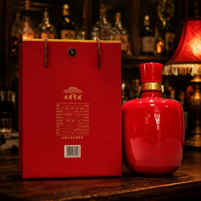 超写实商业产品摄影。
主体：白酒严格参照上传产品图，完整保留所有可见组件、部件、轮廓、结构、比例、材质、红色瓶身与红色礼袋与产品本体上的全部文字信息，与上传图完全一致；自然融入场景光影，与场景共处同一预览效果