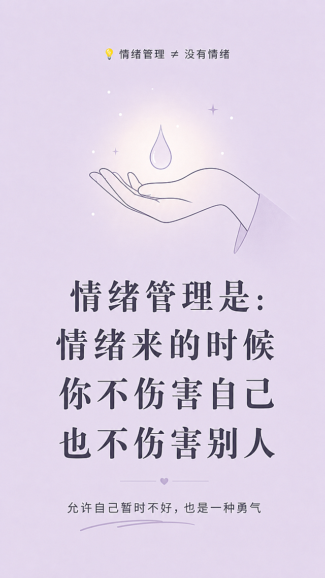 手机竖屏海报，浅紫色纯色背景，上方小标题“💡 情绪管理 ≠ 没有情绪”，中间文案“情绪管理是： 情绪来的时候 你不伤害自己 也不伤害别人”，底部小字“允许自己暂时不好，也是一种勇气”，上方插画是一只手轻轻接住一滴眼泪，简约治愈风格，排版整齐，原创设计