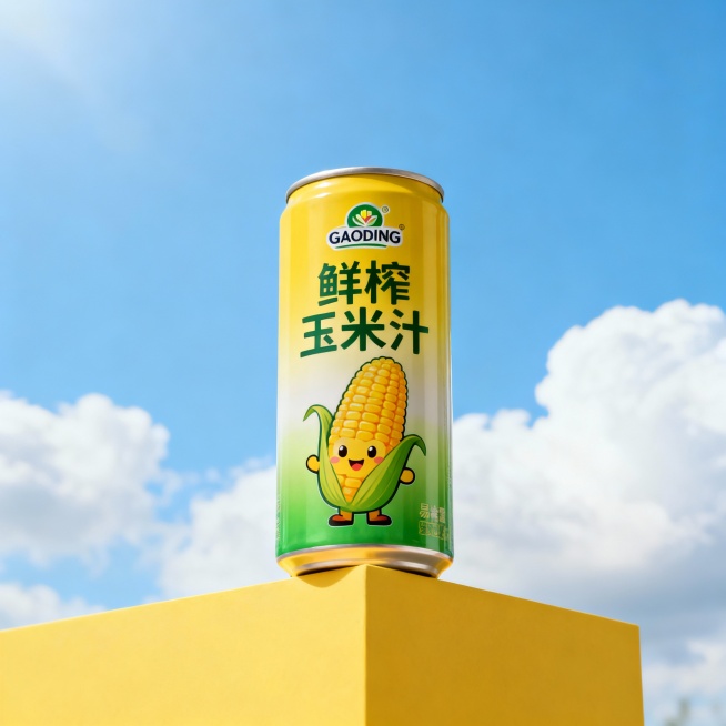 商业产品广告摄影，低角度轻微仰视视角，一罐鲜榨玉米汁饮料易拉罐包装放置在黄色展台上；包装主色调为黄绿渐变，印有logo"GAODING"和“鲜榨玉米汁”文字及卡通玉米形象；背景明亮的蓝天白云，整体画面预览效果