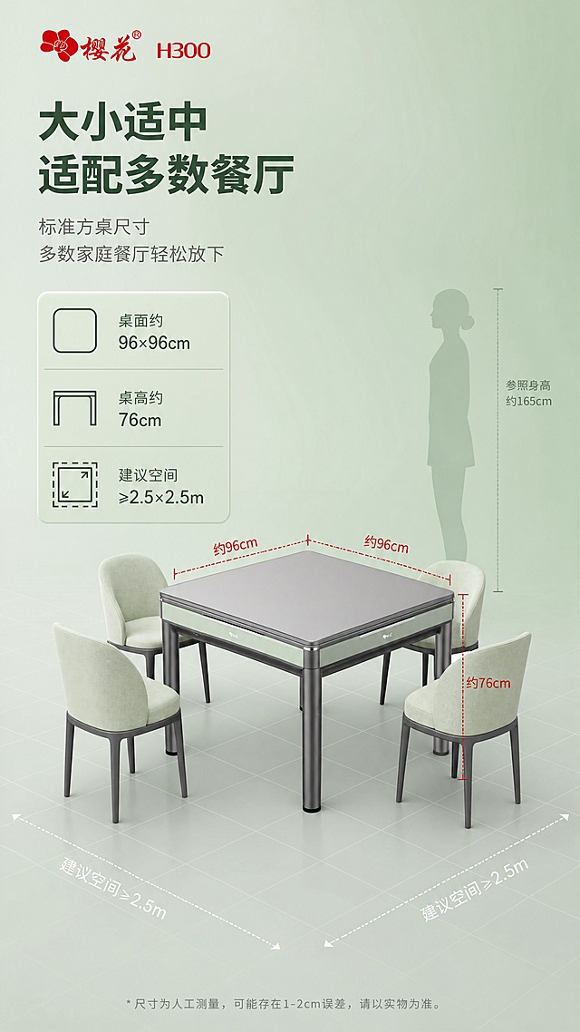 [商品] 使用【图1】樱花H300全自动麻将机；保留整体结构、配色、桌腿造型；商品处理：保持产品原貌，尺寸标注清晰准确。
[画面] 目标：空间尺度与占地示意，帮助消费者判断是否适配自家空间。构图：左文右图，左侧尺寸信息区，右侧产品+空间参照。主体位置：画面右侧，产品占画面约50%。摆放角度：微俯视，展示桌面长宽尺寸与占地范围。景别：中景。阅读动线：左上标题→左侧尺寸参数→右侧产品示意。前中后景：前景地面尺寸网格线，中景麻将桌+简约餐椅参照，后景浅绿渐变背景。场景：空间尺度展示空间，用人体轮廓/餐椅/地砖作为尺寸参照。
[视觉] 套系策略：风格=现代极简家居商业3D渲染；标题字=思源黑体粗体；正文字=思源黑体常规；主色=抹茶绿；背景延展=基于浅抹茶绿渐变、浅色地砖网格线、柔和光晕；强调色=中国红（樱花品牌色），仅用于小面积Logo和尺寸引线；标题色=深灰绿；正文色=中灰；组件=圆角浅绿信息卡、虚线尺寸引线、人形参照图标；光影=顶部均匀漫射光，清晰展示尺寸关系。
[文字] 左上主标题"大小适中 适配多数餐厅"；左侧尺寸卡：「桌面约96×96cm」「桌高约76cm」「建议空间≥2.5×2.5m」；右侧产品带虚线尺寸标注；底部配文"标准方桌尺寸 多数家庭餐厅轻松放下"；所有文字横排，尺寸用"约"字保守表达。
[规格] 图片比例9:16竖版，4K，负向提示：避免变形、错字、文字过小、冷蓝背景、产品颜色改变、结构失真、极限词、二维码、水印、精确虚构参数。