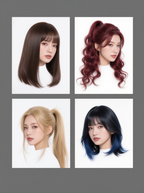 一系列四个女性假发造型的产品展示图，每个造型保持相同的中长发基础长度和自然发丝质感，具有真实的头发光泽和轻微的蓬松度，发丝末端有细微的毛躁感，白色纯色背景，无背景干扰元素，第一个造型为深棕色自然直发，发尾微微内扣；第二个造型为酒红色波浪卷发，卷度自然松散，从发根到发尾均匀分布；第三个造型为亚麻金色高马尾，马尾高度适中，发尾有自然的垂坠感，前额有少量碎发；第四个造型为蓝黑色锁骨发，长度及锁骨，发……预览效果