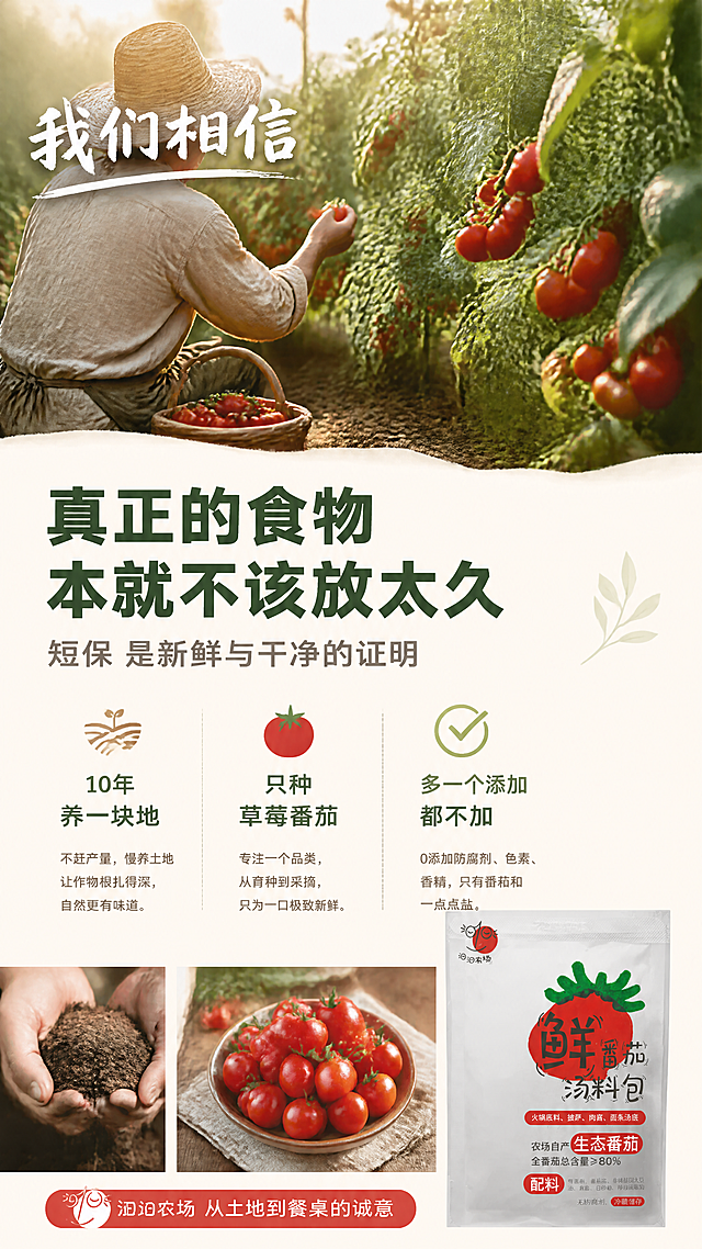 [第13张] 用户信任/品质观——农场实拍+短保=新鲜干净的证明。本张为品牌理念专页，以农场和原料场景为主，产品作辅助。
[氛围/风格] 真诚质朴信任感，农场纪实风，温暖治愈，品牌故事感，商业摄影质感。
[元素布局] 上半部分为农场实拍场景（占画面45%）——清晨的番茄农场，阳光洒在番茄藤上，一位农人（手或背影）正在采摘草莓番茄；下半部分为产品理念文字区，配土壤、番茄、手捧番茄的小图；右下角放产品包装【图1】小图；整体传递从农场到餐桌的信任感。
[光影质感] 清晨暖金色阳光，农场场景有自然光晕，番茄表面有晨露高光，整体温暖真诚。
[配色色系] 全局底色 #FFF8F0 暖米白；主色叶绿 #2A9D8F + 番茄红 #E63946；辅助色阳光金 + 土壤棕。
[视角构图] 上下分区构图，上场景下文字，阅读动线从上到下，有故事递进感。
[文字版式] 顶部农场场景内嵌白色标题「我们相信」，手写体风格；下半部分大标题「真正的食物 本就不该放太久」，深绿色粗黑体；副标题「短保 是新鲜与干净的证明」，深灰色；中部三段小字：「10年 养一块地」「只种 草莓番茄」「多一个添加 都不加」，每段配小图标（土地/番茄/对勾）；底部红色标签「汩汩农场 从土地到餐桌的诚意」；右下角产品小图。
[比例分辨率] 9:16 竖版比例，4K分辨率，文字清晰可辨。
[负向提示词] 农场虚假，人物不自然，文字错乱，水印，颜色灰暗，产品包装变形。