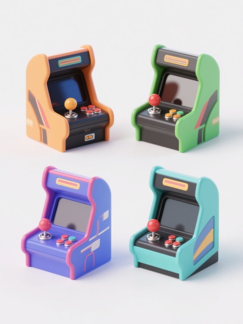 一组4个不同配色、不同样式、不同材质的潮玩元素，采用干净风格设计，符合现实逻辑，适用于素材使用。每个潮玩元素具有鲜明的轮廓线条，色彩搭配明快且对比强烈，融合了类似街机摇杆的复古游戏元素风格，表面呈现出光滑的塑料质感与金属按钮的反光效果，整体造型立体感强，边缘带有轻微的阴影处理以增强层次感，背景为纯白色确保元素主体突出，无任何文字或装饰干扰。预览效果