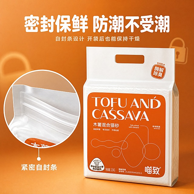 [主图-24] 喵致木薯混合猫砂 包装设计 密封保鲜展示。
[统一基调] 淘宝天猫专业品质风 清洁感宠物亲和 米白奶咖暖橙主色 圆润无衬线标题字体 圆角卡片 线性图标 大字主文案 辅助文案缩小50%以上。
[画面] 画面展示喵致木薯混合猫砂包装袋的封口细节特写 密封条紧密咬合 旁边用放大镜图标展示密封条结构 包装袋主体在后方完整展示 背景为暖橙色渐变 带轻微锁形装饰元素 顶部大标题。
[光影质感] 商业摄影质感 柔和侧光 封口细节清晰 材质质感真实 整体温暖专业。
[配色] 主背景暖橙色渐变 标题白色 放大镜边框白色 强调色深棕色。
[文字版式] 顶部大标题"密封保鲜 防潮不受潮" 白色粗体 下方小字"自封条设计 开袋后也能保持干燥" 浅米色 放大镜旁标注"紧密自封条" 白色中号字。
[输出要求] 比例1:1 文字清晰可读 产品清晰不变形 无错字 无水印 无平台Logo 禁止悬浮 禁止穿模。