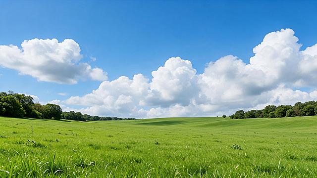 参考图中的草原风景背景，生成一张横版的草原风景图，画面中只有蓝天、白云、绿色草原和远处的树木，没有任何文字、卡通图案、人物和车辆，纯净自然的草原风光，写实摄影风格，高清细腻