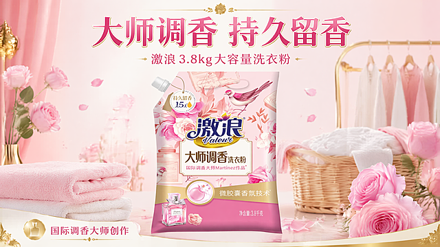 [第1屏] 详情页头图-激浪大师调香3.8kg洗衣粉产品宣传海报。本屏使用【图1】作为商品主体。
[氛围/风格] 温馨清新家居风，柔粉色背景，搭配淡金色装饰，商业摄影质感，凸显香氛洗衣产品高级氛围感。
[元素布局] 洗衣粉袋产品置于画面中心，占比约65%-70%，背景点缀淡粉色玫瑰和干净洗衣场景元素，保持产品包装结构、颜色、文字与原图完全一致，整体元素丰富不杂乱。
[光影质感] 正面柔光均匀打光，产品边缘保留自然阴影，整体画面明亮通透，突出包装细节和色彩层次。
[配色色系] 全局底色 #fdf2f8，主色柔粉搭配淡金，辅助色白色和浅棕色，和产品包装色系保持统一。
[视角构图] 正面平视视角，产品居中为视觉中心，阅读动线从上标题到中心产品再到底部信息条，流畅自然。
[文字版式] 版式为顶部主标题+中心产品+底部信息条。主标题「大师调香 持久留香」，副标题「激浪3.8kg大容量洗衣粉」，底部信息标识「国际调香大师创作」，文字不遮挡产品主体，层级清晰，主标题醒目。
[比例分辨率] 9:16竖版比例，4K分辨率，文字清晰可辨，适配抖音快手移动端浏览。
[负向提示词] 产品变形，包装文字错乱，缺件错件，颜色偏差，水印，文字过小，背景杂乱，文字模糊。