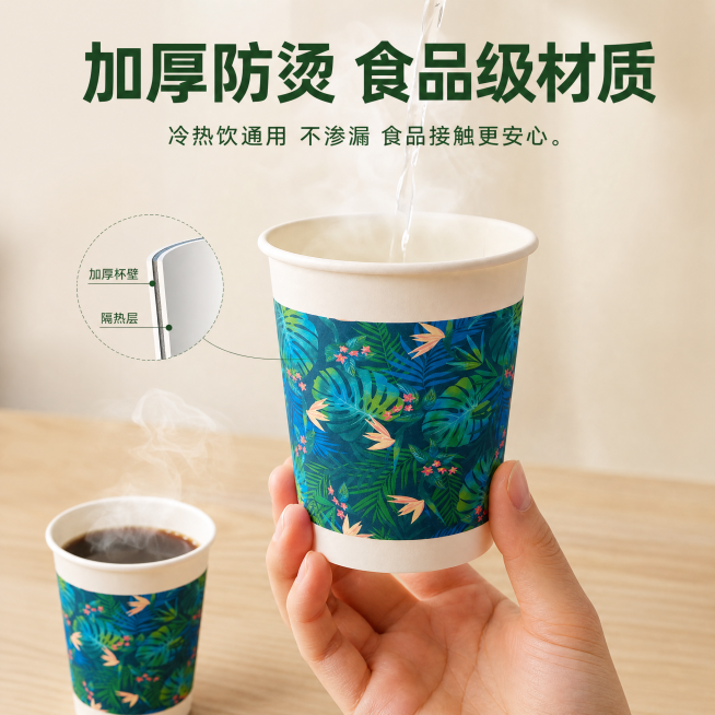 [主图-2] 加厚防烫食品级材质卖点展示。
[氛围风格] 洁净安心专业感
[画质] 商业摄影质感、光线柔和通透、产品清晰真实、画面干净高级。
[元素] 单只一次性纸杯居中展示，手持热水测试防烫性能，保预览效果