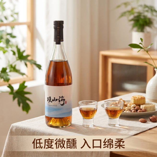 [主图 4] 饮用场景体验主图，小清新自然风格；
[氛围风格] 松弛自然，生活氛围感；
[画质] 商业摄影质感，光线柔和通透，产品清晰真实，画面干净高级；
[元素] 温馨餐桌场景，浅色餐布上摆放跃山海预览效果