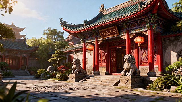 中式古典庭院，3D重拟物风格，石刻浮雕细节精致，光影交织静谧深远，虚拟现实呈现传统建筑之美。