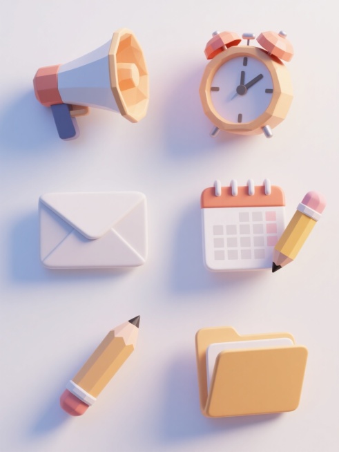 一系列6个不同的3D图标，每个图标都是简约圆润的生活用品，保持相同的低多边形风格、光滑塑料质感、柔和阴影和高光效果，元素类别包括喇叭、闹钟、信封、日历、铅笔和文件夹，每个图标具有独特的纯色背景和整体色彩方案，规整地排列在白色背景上，每个图标都有清晰的轮廓和简洁的设计。预览效果