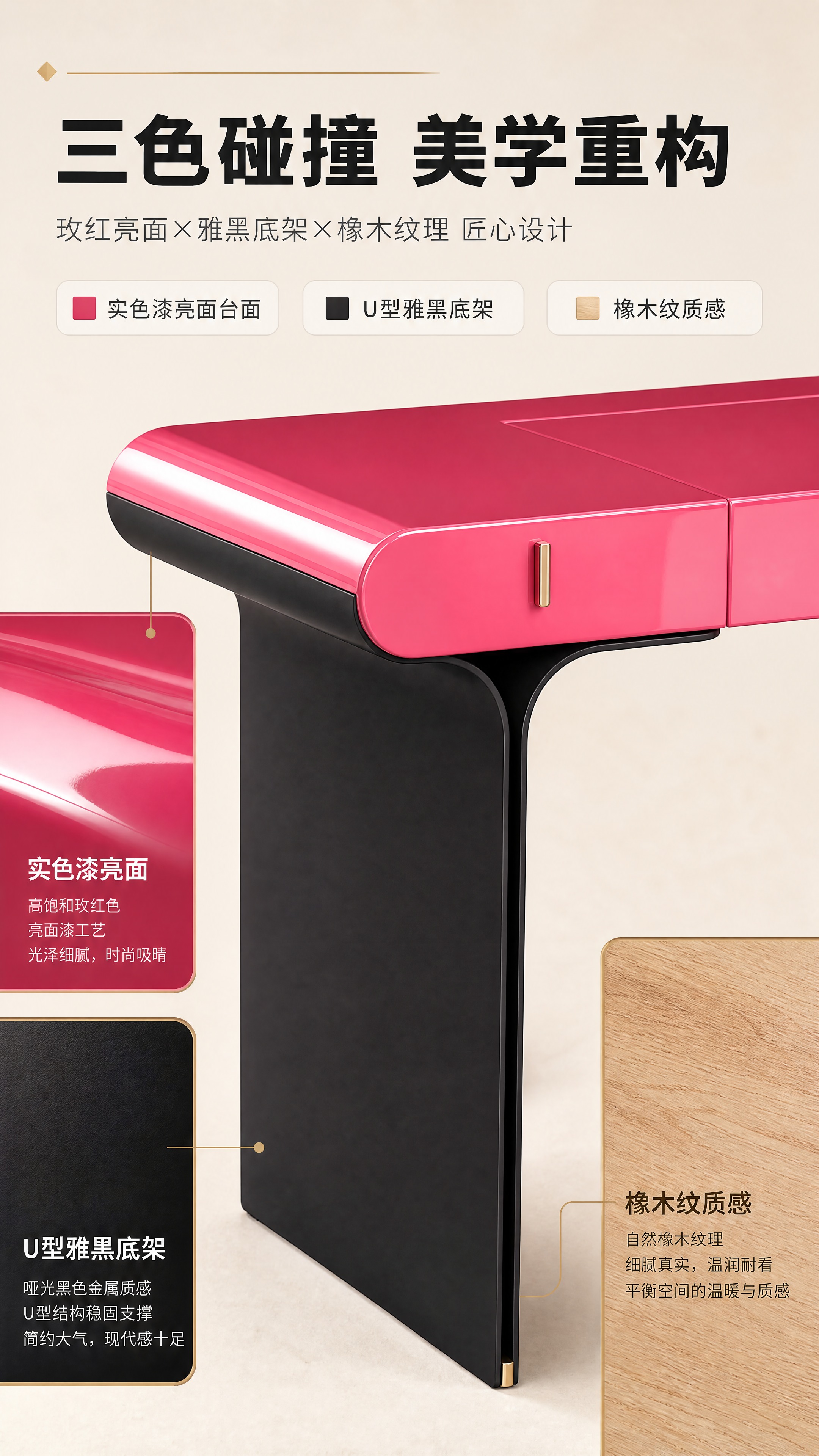 [商品] 使用【图1】玫红色亮面台面+黑色U型底架妆台；保留整… - 图片创意预览