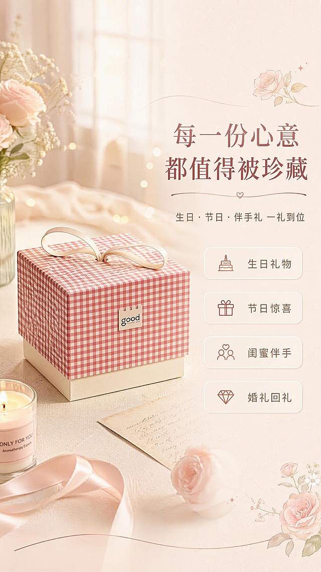 [商品] 使用【图2】格纹手提礼品盒粉色款；保留方形盒体、白色底座、缎面手提带、粉色格纹图案、标签铭牌和整体比例；商品处理：保留颜色、格纹纹理、手提带造型和标签细节，增强盒体质感，不改变结构。
[画面] 目标：场景种草，展示礼盒在生日/节日/伴手礼场景中的氛围感。构图：左图右文，左侧粉色礼盒置于温馨桌面场景，右侧文字区。产品占画面50%。景别：中景。前中后景：前景香薰蜡烛和丝带，中景礼盒，背景虚化的窗帘和暖光。
[视觉] 套系策略：风格=温柔清新浪漫商业摄影；标题字=圆润优雅衬线体+英文装饰；正文字=简洁圆角无衬线体；主色=奶油粉+奶白色；背景延展=基于奶油粉做深浅渐变、同色系柔化和细腻纸张/织物质感；强调色=玫瑰金，仅用于小面积图标、引线和装饰线条；标题色=深豆沙粉；正文色=暖灰棕；组件=圆角浅底信息卡、细曲线引线、小花装饰；光影=左前侧暖柔光，柔和漫反射，营造梦幻氛围感。
[文字] 右侧上方主标题「每一份心意 都值得被珍藏」，副标题「生日·节日·伴手礼 一礼到位」，配4个场景标签：生日礼物/节日惊喜/闺蜜伴手/婚礼回礼；所有文字横排，不遮挡礼盒。
[规格] 图片比例9:16竖版，4K分辨率，medium质量；避免变形、错字、文字过小、冷蓝灰背景、礼盒颜色改变、结构失真、极限词。