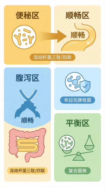 核心3 - “对症选菌”分类指南

画面描述：将画面分为三个区块，分别用不同颜色卡片区分：

便秘区：卡片上画有双歧杆菌图标+箭头指向“顺畅”，配关键词：“双歧杆菌三联/四联”。

腹泻区：卡片上画有预览效果