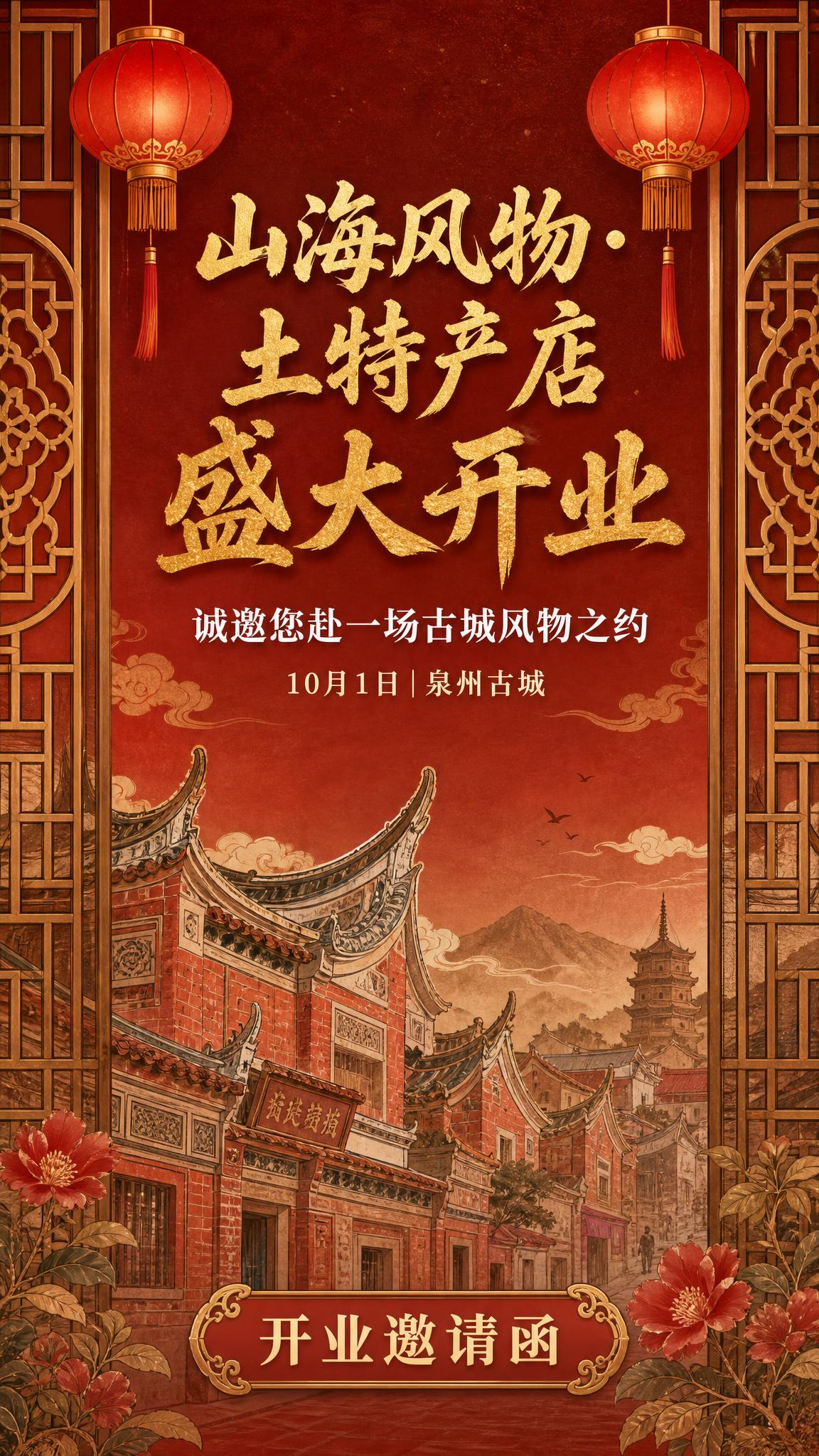 闽南古风新中式开业邀请函封面海报，9:16竖版。暖棕红底色，背… - 图片创意预览
