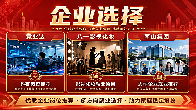 将海报顶部的标题“全家可就业”替换为“企业选择”，整体保持红色系风格和其他内容不变