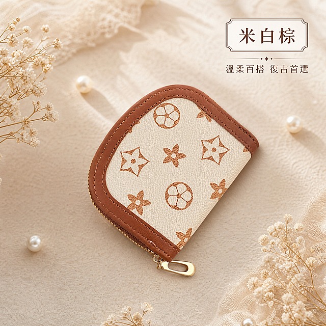 虾皮台湾站电商单色展示图，1:1正方形，2K。画面中央展示米白棕色老花纹迷你零钱包单品，正面45度角摆放，U型弧边清晰。背景为奶茶米色高级肌理背景，配小珍珠和干花点缀。右上角标签繁体中文：「米白棕」。下方小字：「溫柔百搭 復古首選」。柔光拍摄，甜美精致氛围，繁体中文。