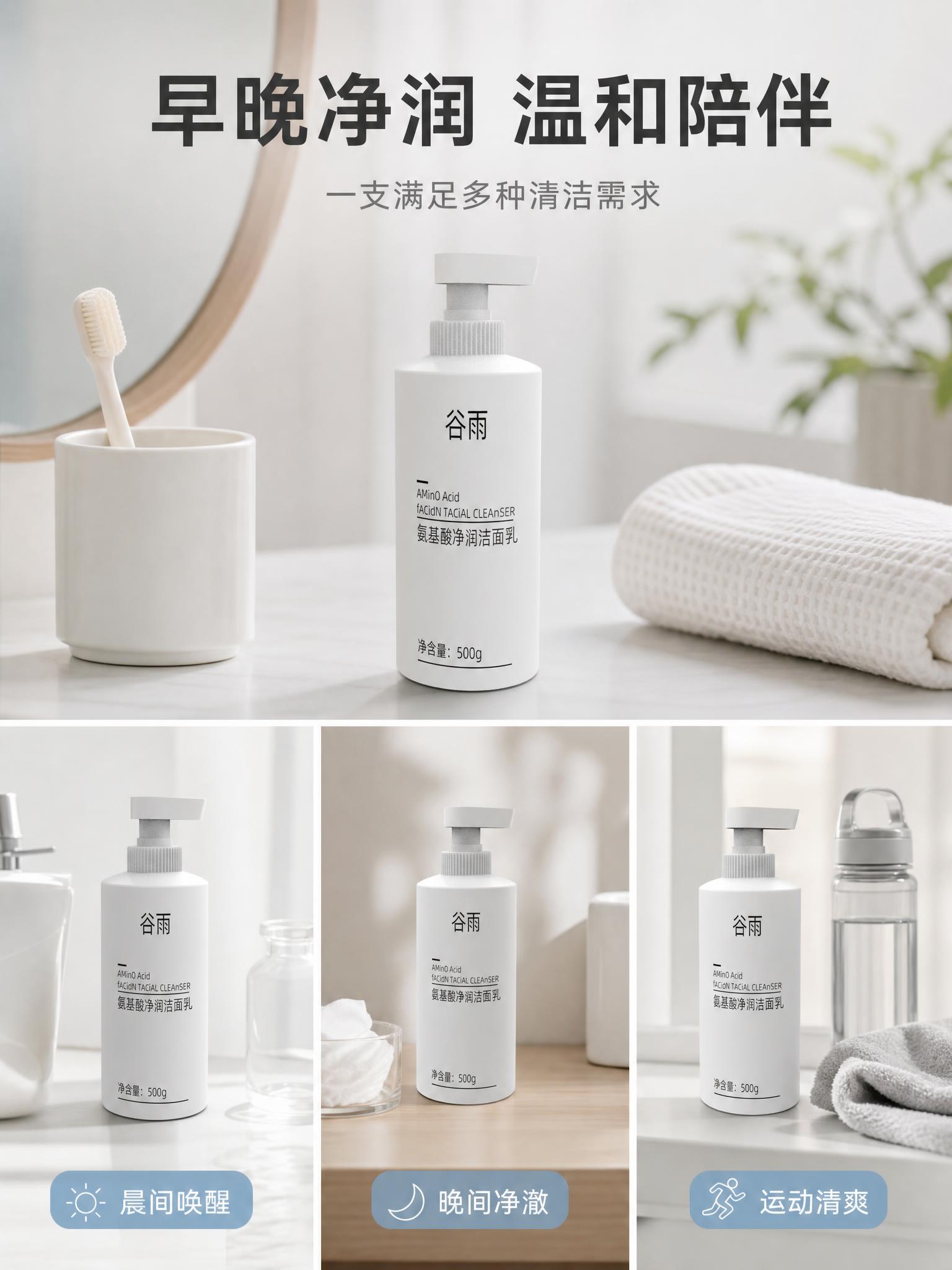 [主图-6] 适用人群与多场景使用展示，体现洁面乳的温和百搭属… - 图片创意预览
