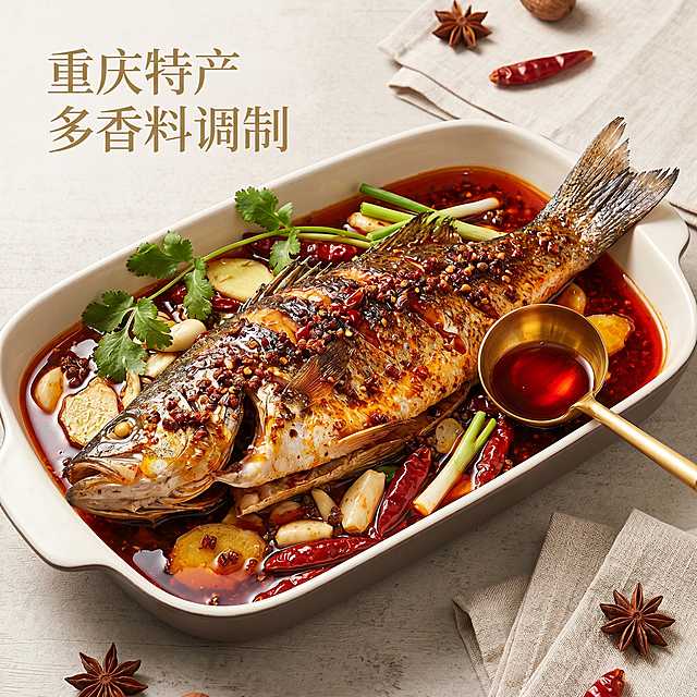 淘宝商品主图，烤鱼红油成品应用场景，搭配烤鱼食材，体现红油红亮诱人特点，标注卖点'重庆特产 多香料调制'，新中式风格，简洁干净