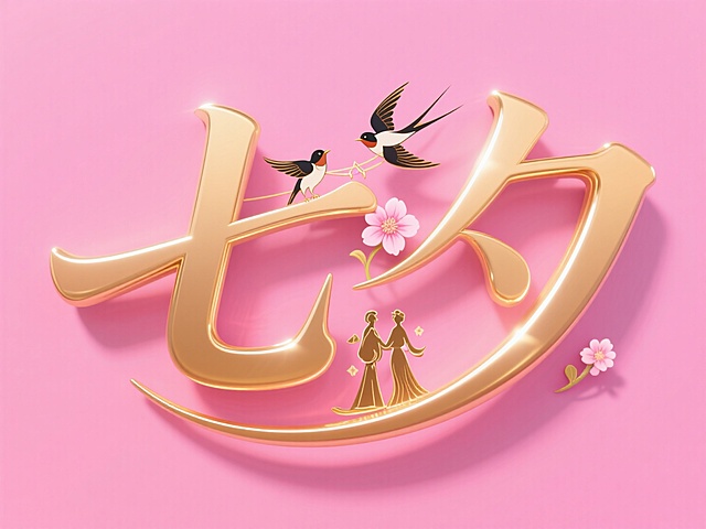 浪漫中式插画风，鎏金大字“七夕”，双燕衔花，情侣相依，甜美节日氛围。