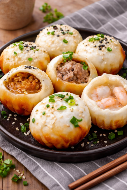 一张三拼特色生煎包拼盘，包含咖喱鸡肉生煎包两粒，鲜肉生煎包两粒，虾仁生煎包两粒，所有生煎包风格统一，美食摄影，高清诱人，质感真实，撒上芝麻和葱花点缀预览效果
