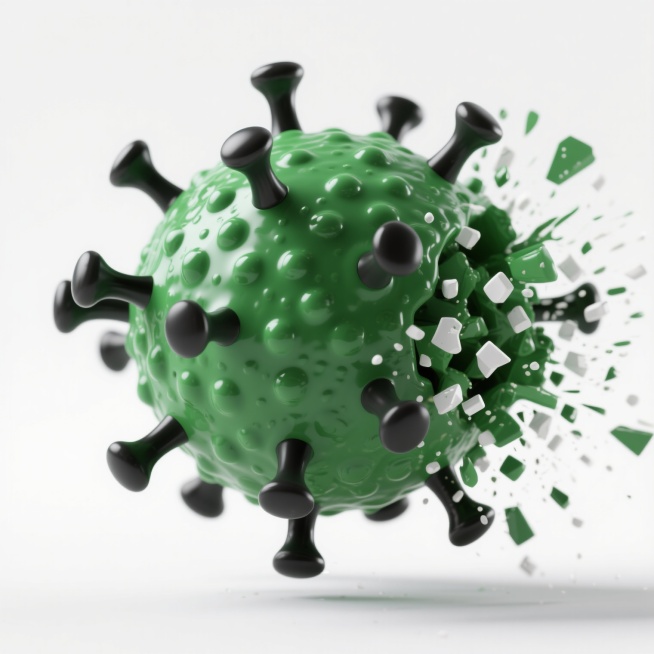 3D渲染风格的病毒模型，主体为绿色，表面布满凹凸不平的颗粒状纹理，多个黑色突起结构对称分布在球体表面，右侧有绿色与白色相间的颗粒状物质飞溅效果，呈现出动态的破碎或扩散状态，整体光影对比鲜明，高光与阴影细节丰富，质感细腻，保持纯白色背景，无其他元素干扰，突出病毒的立体感与结构细节。预览效果