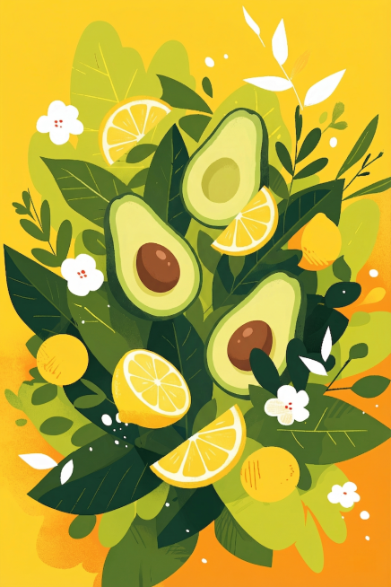 扁平插画风格，被切开的牛油果周围散布柠檬叶和切开的柠檬，整体采用明亮的黄色渐变背景，搭配深浅不同的绿色叶片，保留参考图的平涂肌理、简约色块设计，清新治愈的夏日氛围，重新生成一张不同构图的作品预览效果