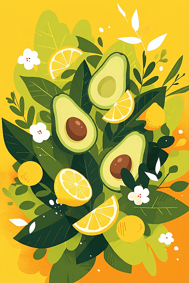 扁平插画风格，被切开的牛油果周围散布柠檬叶和切开的柠檬，整体采用明亮的黄色渐变背景，搭配深浅不同的绿色叶片，保留参考图的平涂肌理、简约色块设计，清新治愈的夏日氛围，重新生成一张不同构图的作品