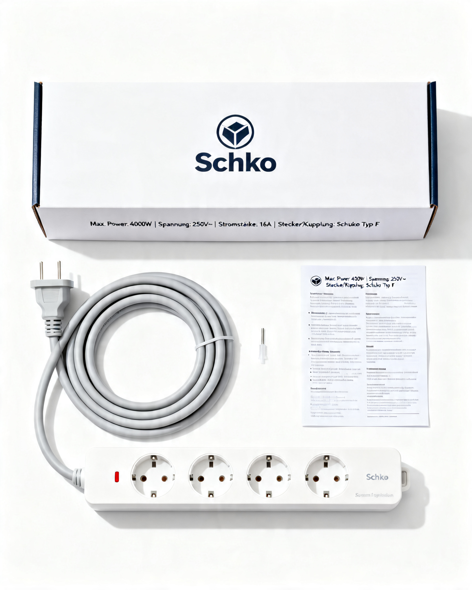 干净纯白背景全家福展示，包含一个完整的一分二Schuko柔性插… - 图片创意预览