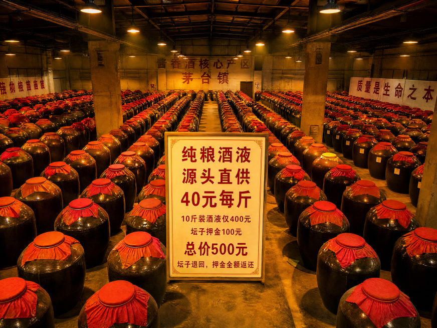 广角俯拍，贵州茅台镇大型专业储酒库房，阴凉干燥的巨大仓库，整齐码放着大量深色陶瓷酒坛，仓库顶部工业照明灯投下暖金色光束，光影交错。画面中央添加清晰价格牌，文字：
"纯粮酒液
源头直供
40元每斤
10预览效果