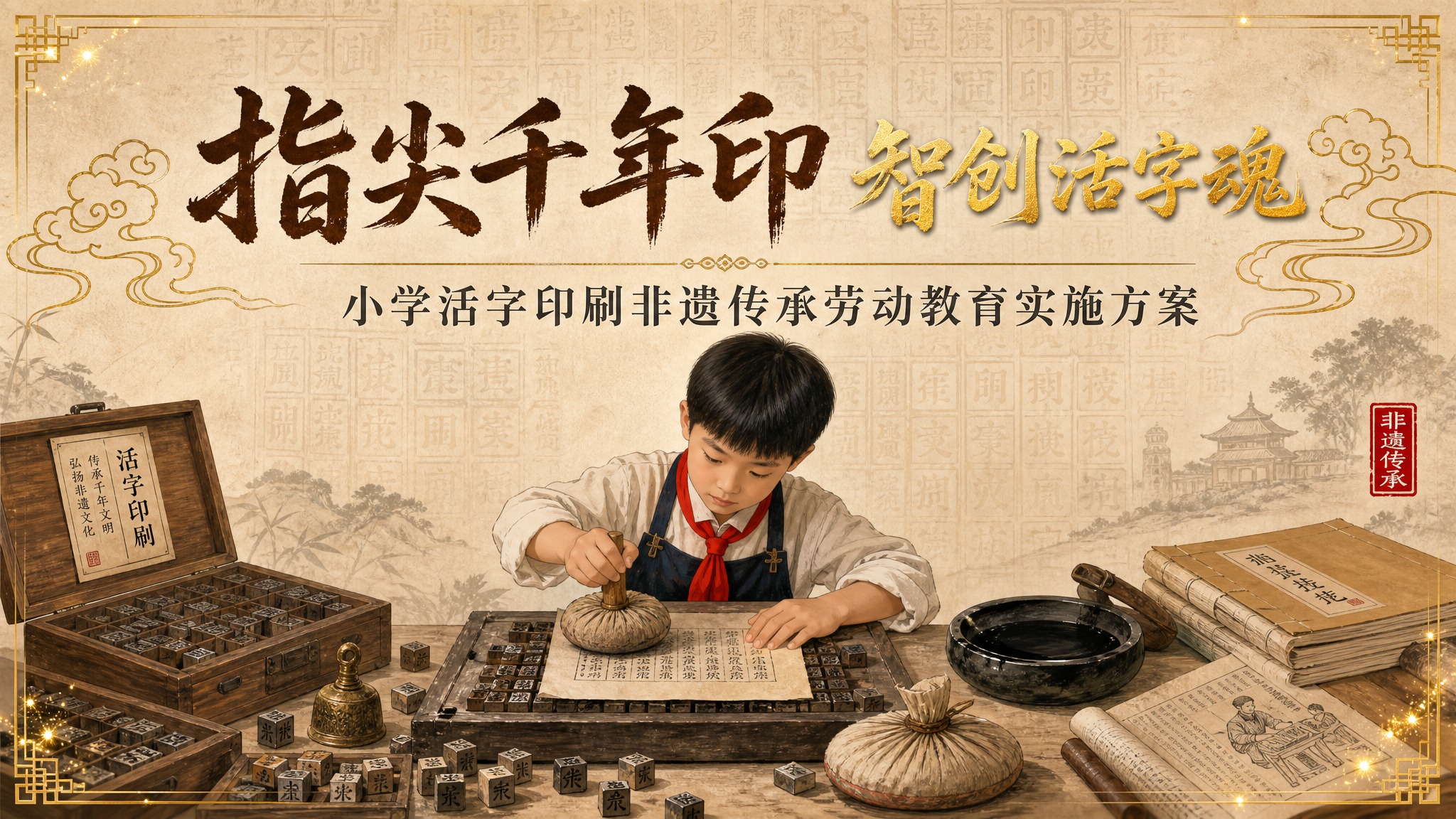 一张小学活字印刷非遗传承劳动教育实施方案的封面横图，国风新中式… - 图片创意预览