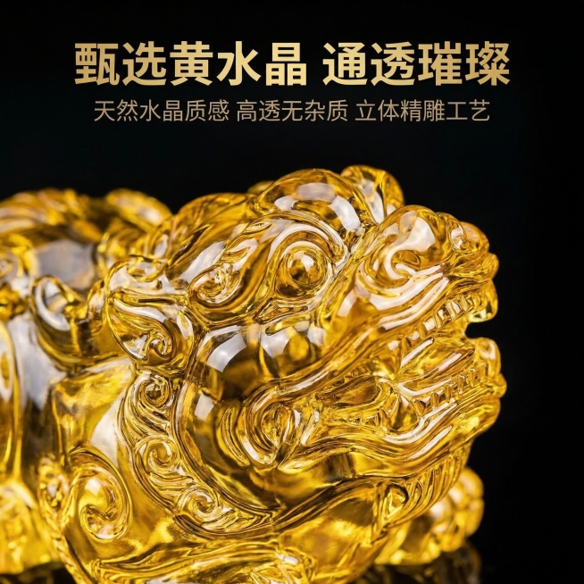 严格还原上传的产品图，包括包装设计、颜色、LOGO 位置、文字内容、图案元素等所有细节。微距拍摄黄水晶貔貅局部，重点展示高透黄水晶的璀璨光泽、无气泡无杂质质感，以及貔貅面部、鬃毛的立体精雕纹理细节，背预览效果
